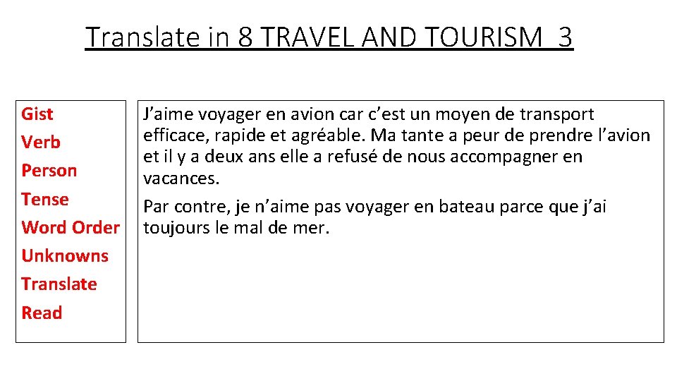 Translate in 8 TRAVEL AND TOURISM 3 Gist Verb Person Tense Word Order Unknowns