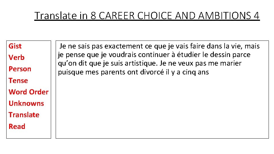 Translate in 8 CAREER CHOICE AND AMBITIONS 4 Gist Verb Person Tense Word Order