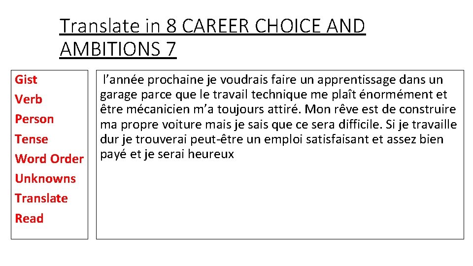 Translate in 8 CAREER CHOICE AND AMBITIONS 7 Gist Verb Person Tense Word Order