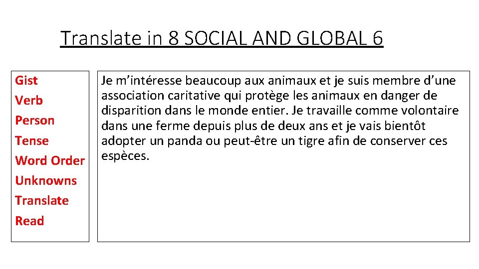 Translate in 8 SOCIAL AND GLOBAL 6 Gist Verb Person Tense Word Order Unknowns