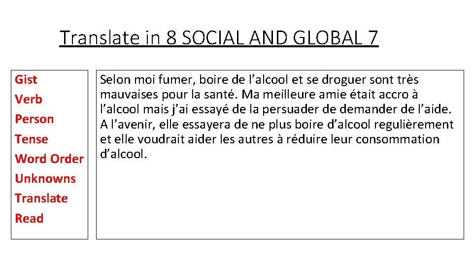 Translate in 8 SOCIAL AND GLOBAL 7 Gist Verb Person Tense Word Order Unknowns