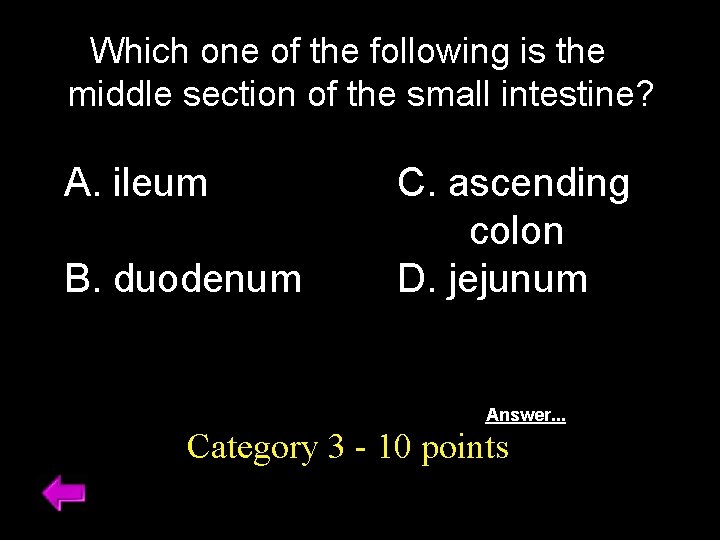 Which one of the following is the middle section of the small intestine? A.