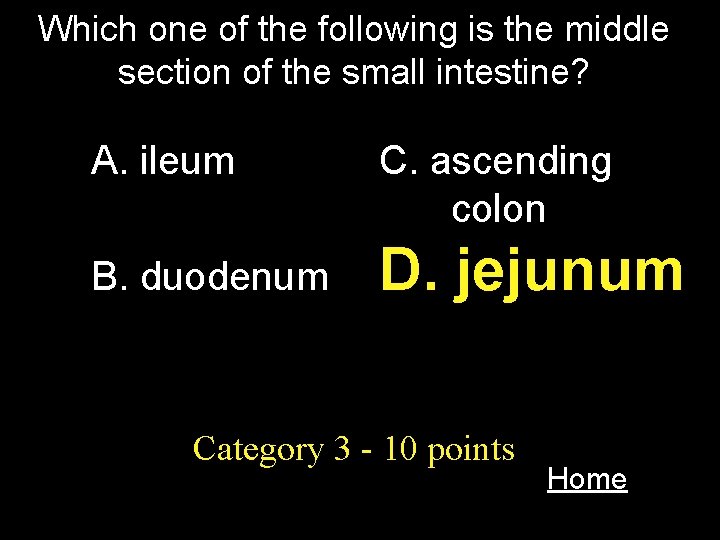 Which one of the following is the middle section of the small intestine? A.