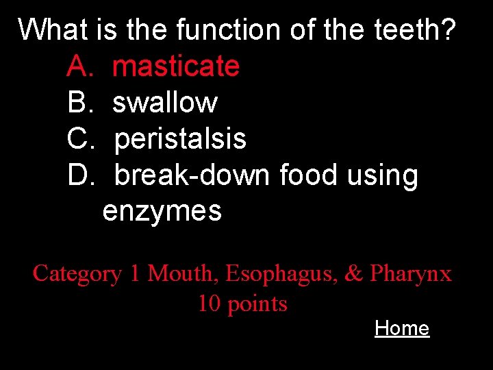 What is the function of the teeth? A. masticate B. swallow C. peristalsis D.