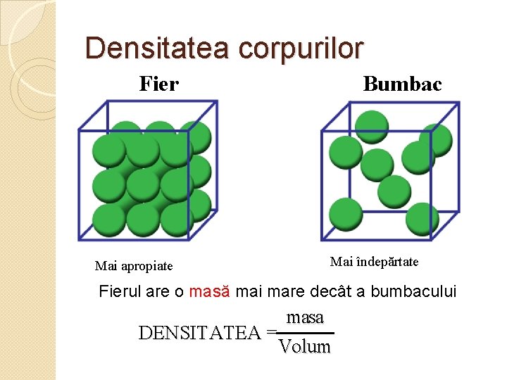 Densitatea corpurilor Fier Mai apropiate Bumbac Mai îndepărtate Fierul are o masă mai mare