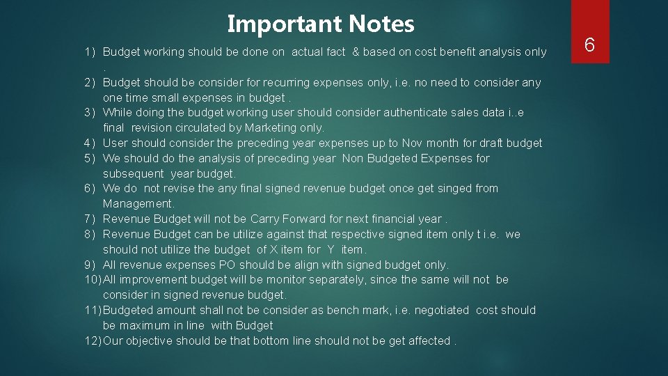 Important Notes 1) Budget working should be done on actual fact & based on