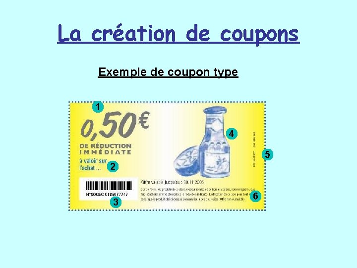La création de coupons Exemple de coupon type 1 4 5 2 3 6