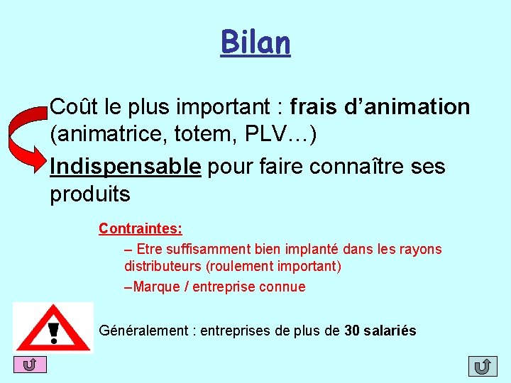 Bilan Coût le plus important : frais d’animation (animatrice, totem, PLV…) Indispensable pour faire