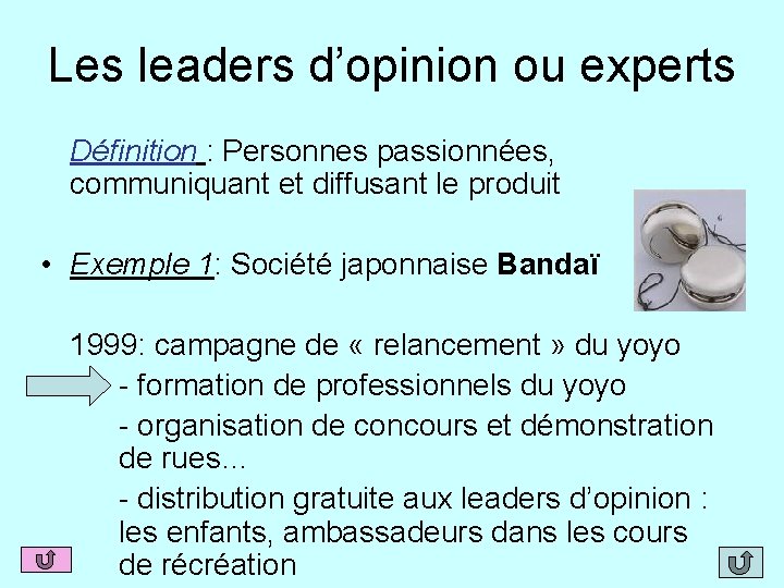 Les leaders d’opinion ou experts Définition : Personnes passionnées, communiquant et diffusant le produit