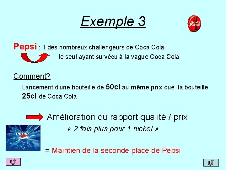 Exemple 3 Pepsi : 1 des nombreux challengeurs de Coca Cola le seul ayant