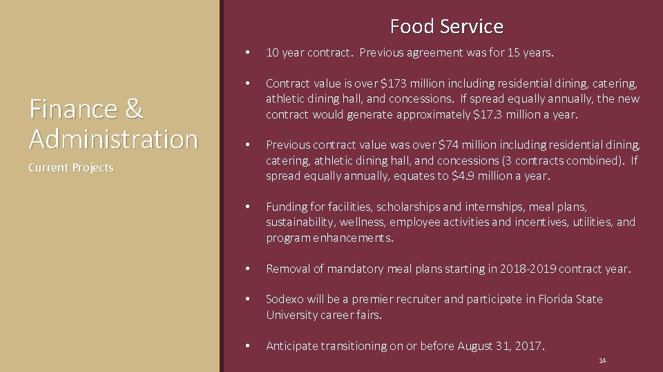 Food Service Finance & Administration • 10 year contract. Previous agreement was for 15