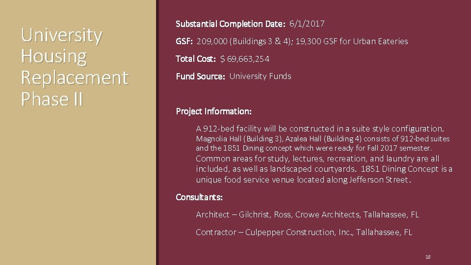 University Housing Replacement Phase II Substantial Completion Date: 6/1/2017 GSF: 209, 000 (Buildings 3