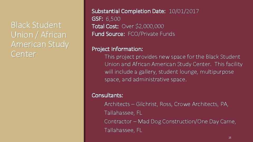 Black Student Union / African American Study Center Substantial Completion Date: 10/01/2017 GSF: 6,