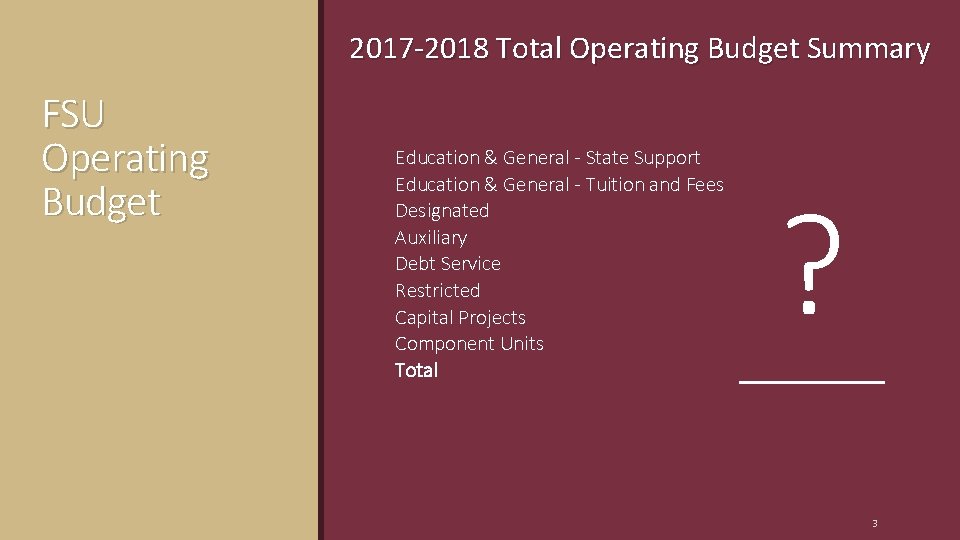 2017 -2018 Total Operating Budget Summary FSU Operating Budget Education & General - State