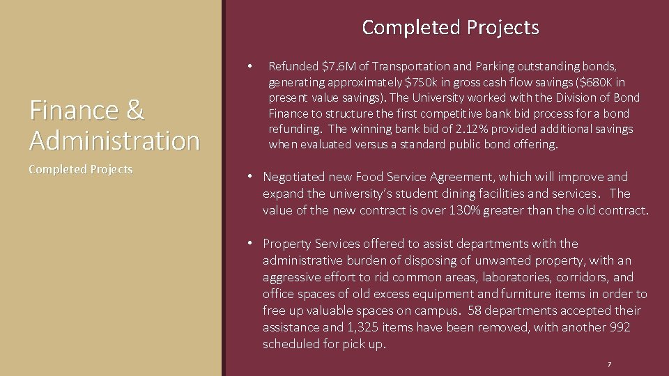 Completed Projects • Finance & Administration Completed Projects Refunded $7. 6 M of Transportation