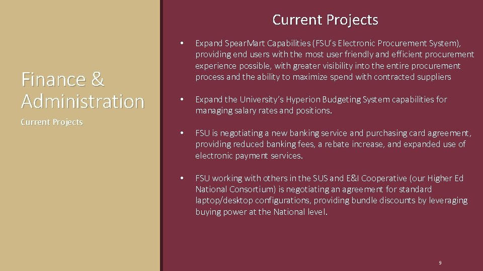 Current Projects Finance & Administration Current Projects • Expand Spear. Mart Capabilities (FSU’s Electronic