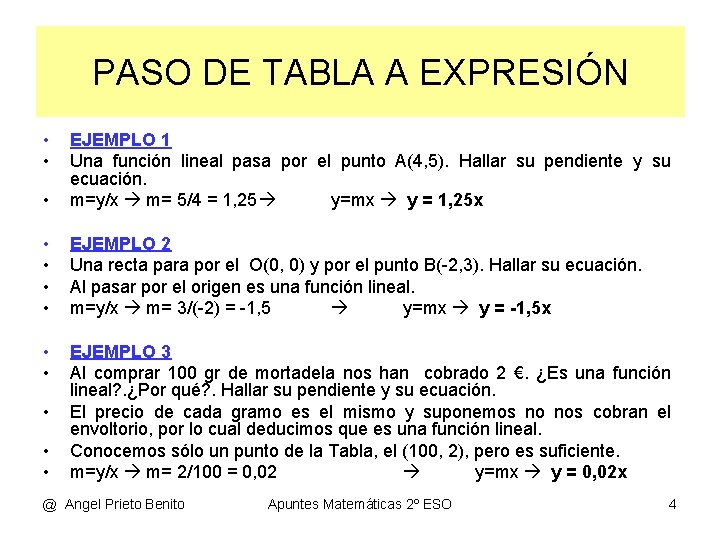 PASO DE TABLA A EXPRESIÓN • • • EJEMPLO 1 Una función lineal pasa PASO DE TABLA A EXPRESIÓN • • • EJEMPLO 1 Una función lineal pasa