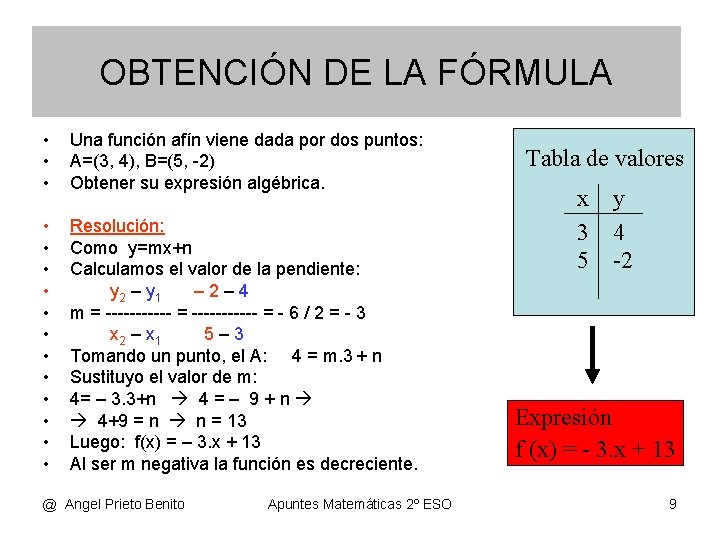 OBTENCIÓN DE LA FÓRMULA • • • Una función afín viene dada por dos OBTENCIÓN DE LA FÓRMULA • • • Una función afín viene dada por dos