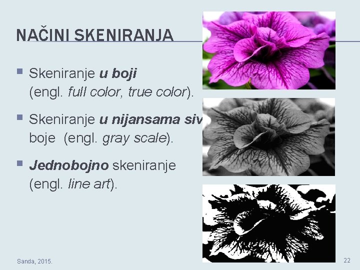 NAČINI SKENIRANJA Skeniranje u boji (engl. full color, true color). Skeniranje u nijansama sive