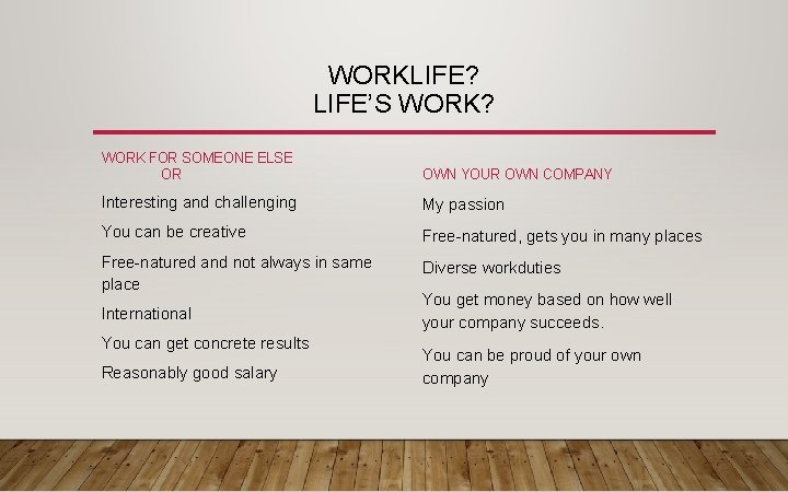 WORKLIFE? LIFE’S WORK? WORK FOR SOMEONE ELSE OR OWN YOUR OWN COMPANY Interesting and