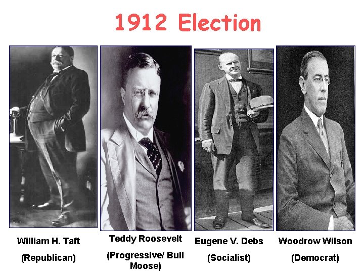 1912 Election William H. Taft Teddy Roosevelt Eugene V. Debs Woodrow Wilson (Republican) (Progressive/