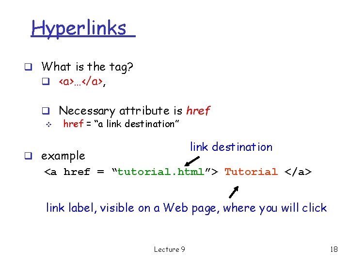 Hyperlinks q What is the tag? q <a>…</a>, q Necessary attribute is href v