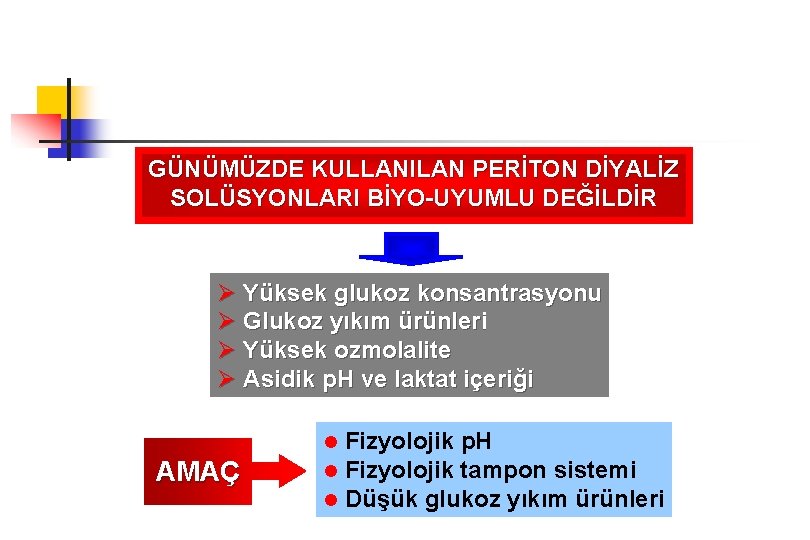 GÜNÜMÜZDE KULLANILAN PERİTON DİYALİZ SOLÜSYONLARI BİYO-UYUMLU DEĞİLDİR Ø Yüksek glukoz konsantrasyonu Ø Glukoz yıkım