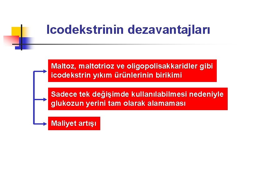 Icodekstrinin dezavantajları Maltoz, maltotrioz ve oligopolisakkaridler gibi icodekstrin yıkım ürünlerinin birikimi Sadece tek değişimde
