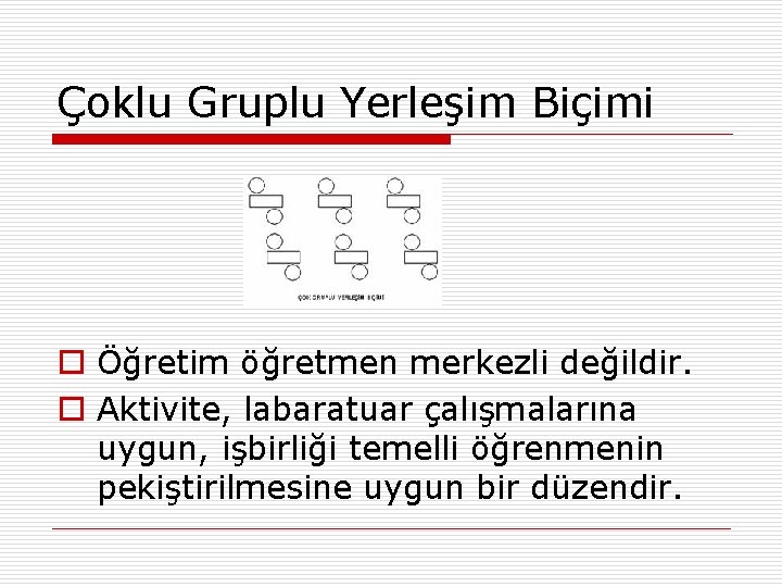 Çoklu Gruplu Yerleşim Biçimi o Öğretim öğretmen merkezli değildir. o Aktivite, labaratuar çalışmalarına uygun,