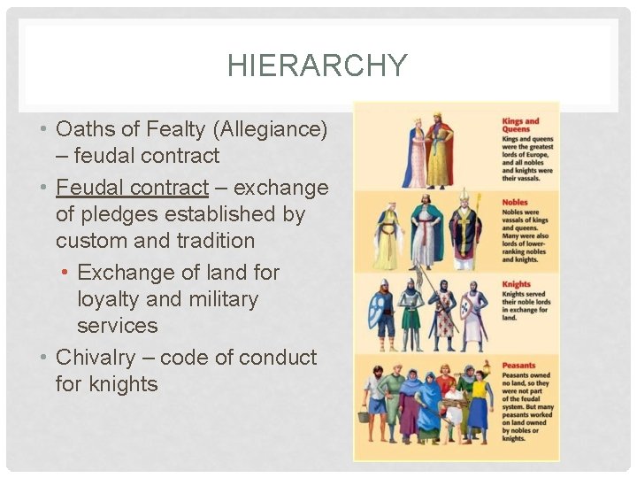 HIERARCHY • Oaths of Fealty (Allegiance) – feudal contract • Feudal contract – exchange HIERARCHY • Oaths of Fealty (Allegiance) – feudal contract • Feudal contract – exchange