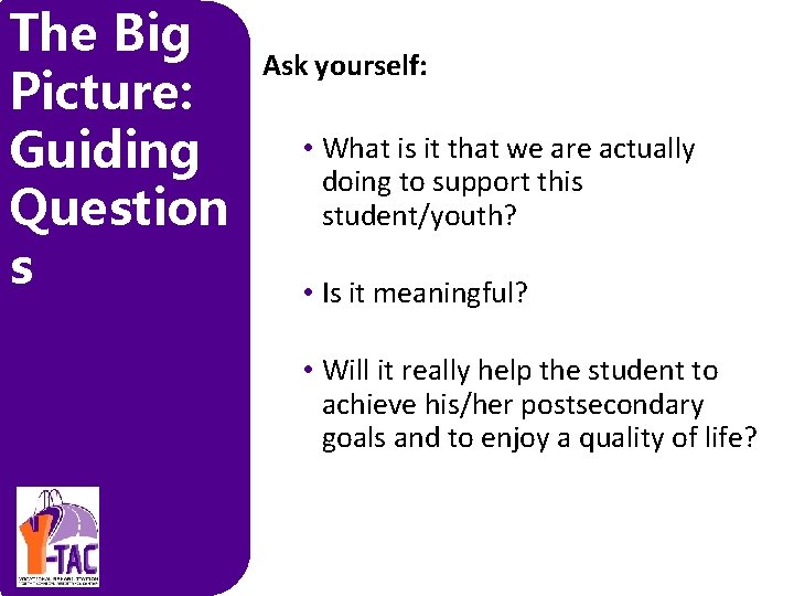 The Big Picture: Guiding Question s Ask yourself: • What is it that we