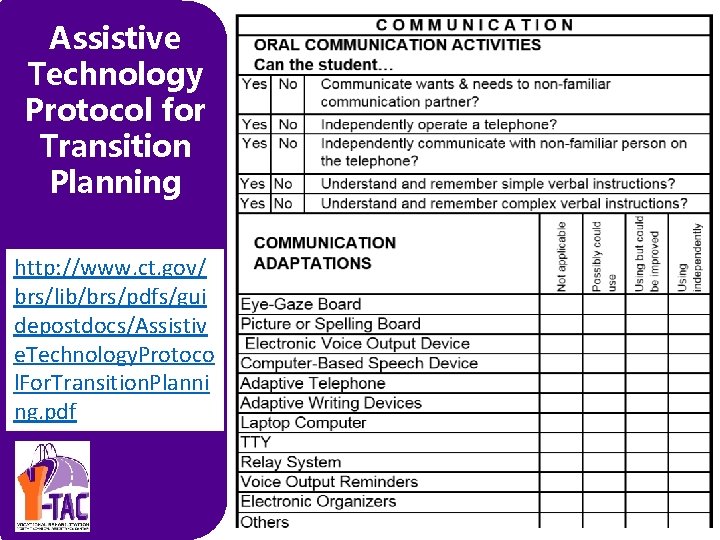 Assistive Technology Protocol for Transition Planning http: //www. ct. gov/ brs/lib/brs/pdfs/gui depostdocs/Assistiv e. Technology.