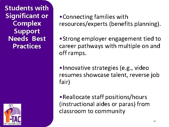 Students with Significant or Complex Support Needs Best Practices • Connecting families with resources/experts