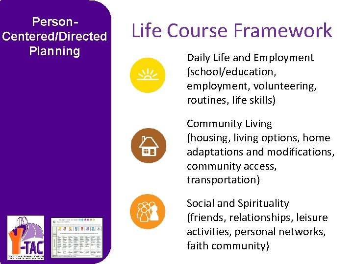 Person. Centered/Directed Planning Life Course Framework Daily Life and Employment (school/education, employment, volunteering, routines,