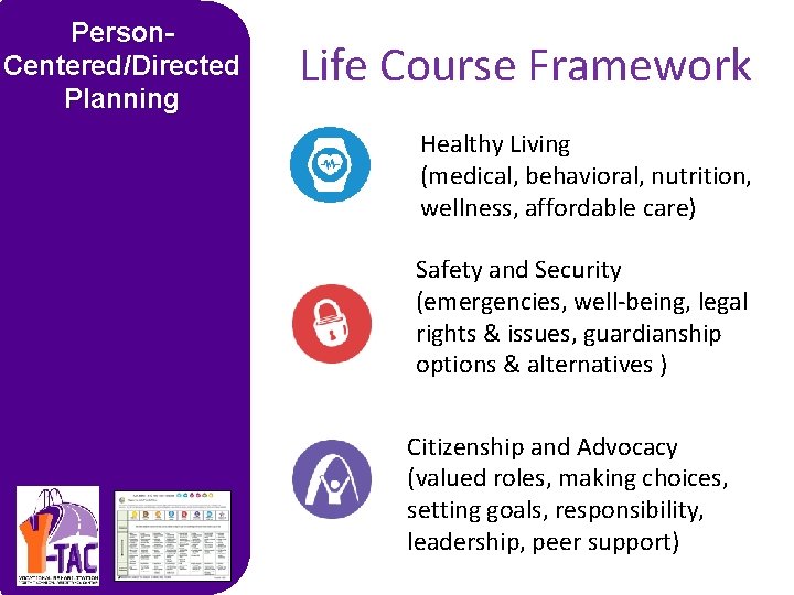 Person. Centered/Directed Planning Life Course Framework Healthy Living (medical, behavioral, nutrition, wellness, affordable care)