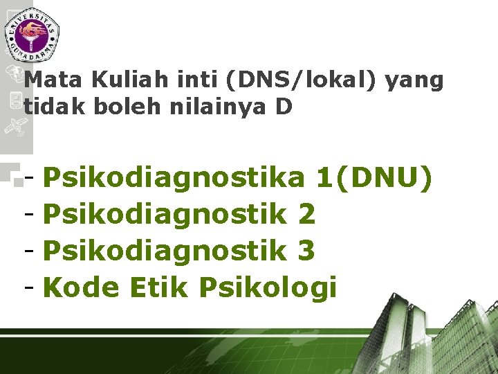 Mata Kuliah inti (DNS/lokal) yang tidak boleh nilainya D - Psikodiagnostika 1(DNU) - Psikodiagnostik