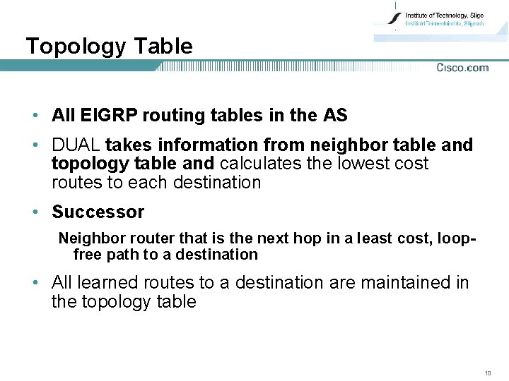 Topology Table • All EIGRP routing tables in the AS • DUAL takes information