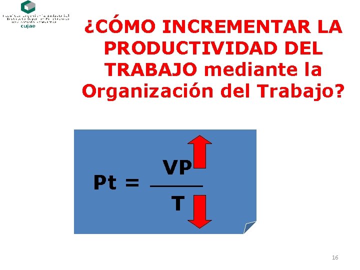 ¿CÓMO INCREMENTAR LA PRODUCTIVIDAD DEL TRABAJO mediante la Organización del Trabajo? Pt = VP