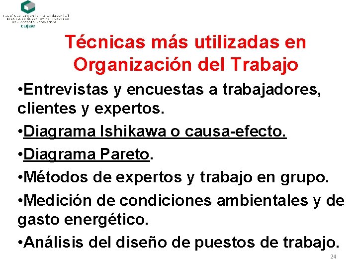 Técnicas más utilizadas en Organización del Trabajo • Entrevistas y encuestas a trabajadores, clientes