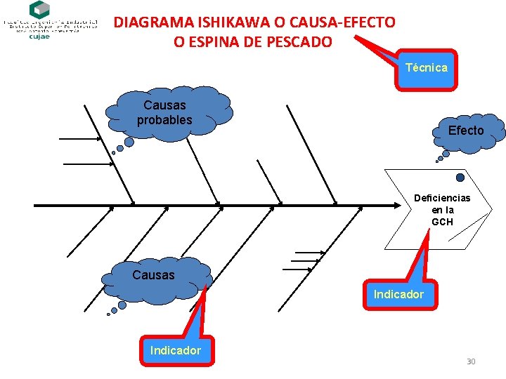 DIAGRAMA ISHIKAWA O CAUSA-EFECTO O ESPINA DE PESCADO Técnica Causas probables Efecto Deficiencias en