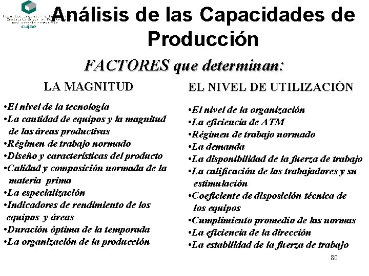 Análisis de las Capacidades de Producción FACTORES que determinan: LA MAGNITUD • El nivel
