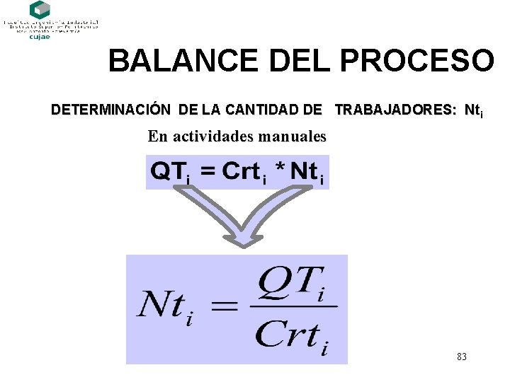 BALANCE DEL PROCESO DETERMINACIÓN DE LA CANTIDAD DE TRABAJADORES: Nti En actividades manuales 83