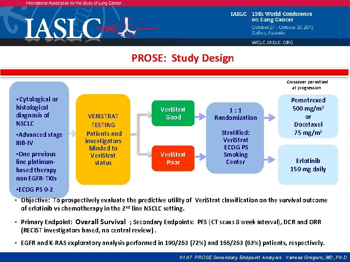 PROSE: Study Design Crossover permitted at progression • Cytological or histological diagnosis of NSCLC