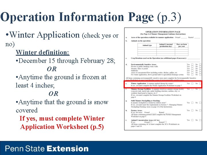 Operation Information Page (p. 3) • Winter Application (check yes or no) Winter definition: