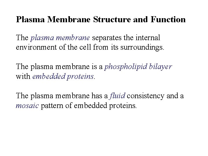Plasma Membrane Structure and Function The plasma membrane separates the internal environment of the