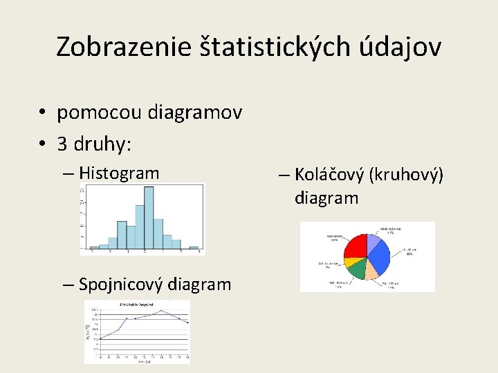 Zobrazenie štatistických údajov • pomocou diagramov • 3 druhy: – Histogram – Spojnicový diagram