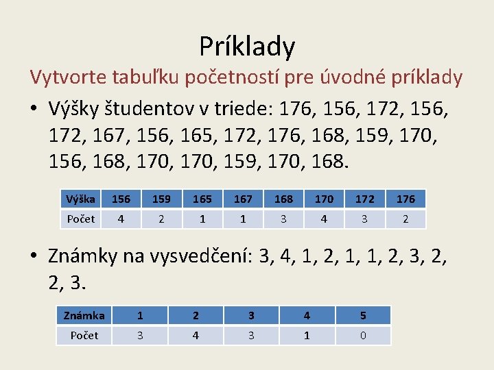 Príklady Vytvorte tabuľku početností pre úvodné príklady • Výšky študentov v triede: 176, 156,