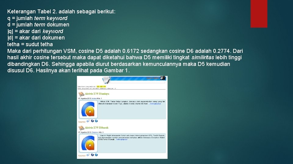 Keterangan Tabel 2. adalah sebagai berikut: q = jumlah term keyword d = jumlah