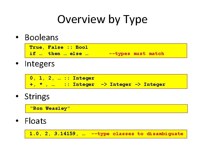 Overview by Type • Booleans True, False : : Bool if … then …