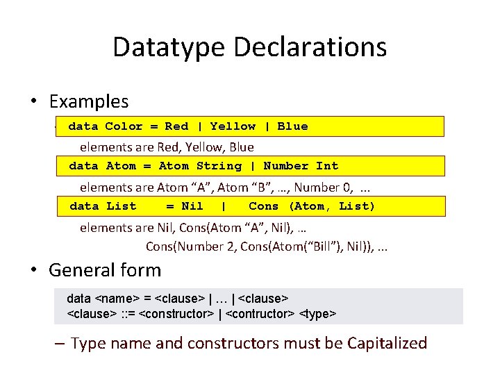 Datatype Declarations • Examples – data Color = Red | Yellow | Blue elements